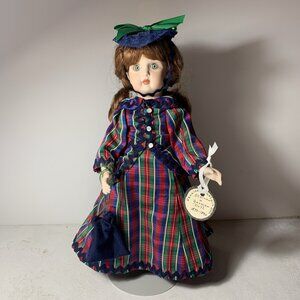 Vintage reproduction Porcelain Steiner 14” Doll Scottish Outfit Stand Green Eyes